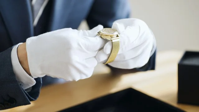 白手袋をつけたスタッフがゴールドの腕時計を丁寧に査定している様子